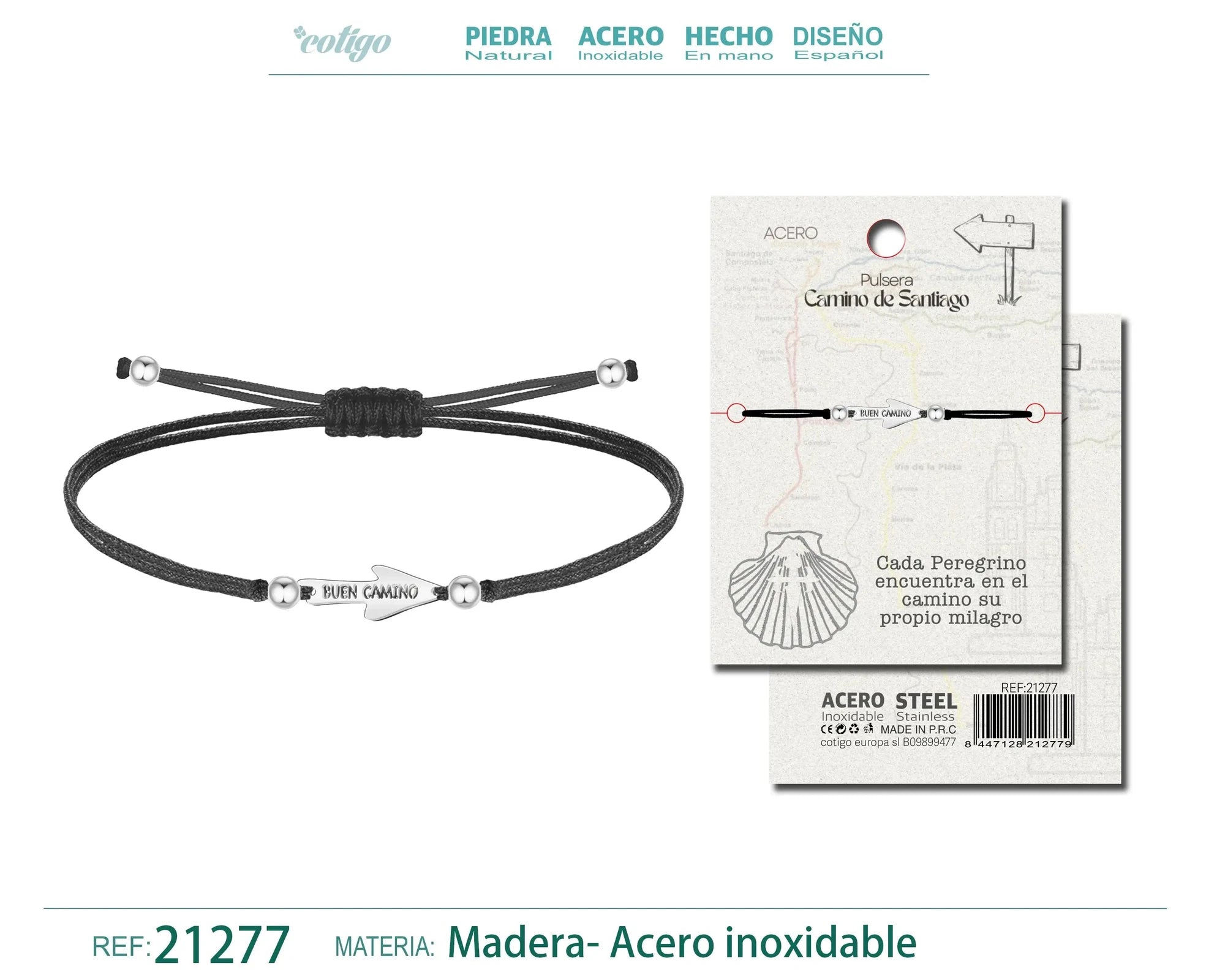 Pulsera Hilo Encerado con la Flecha Camino de Santiago Acero Plateado textura