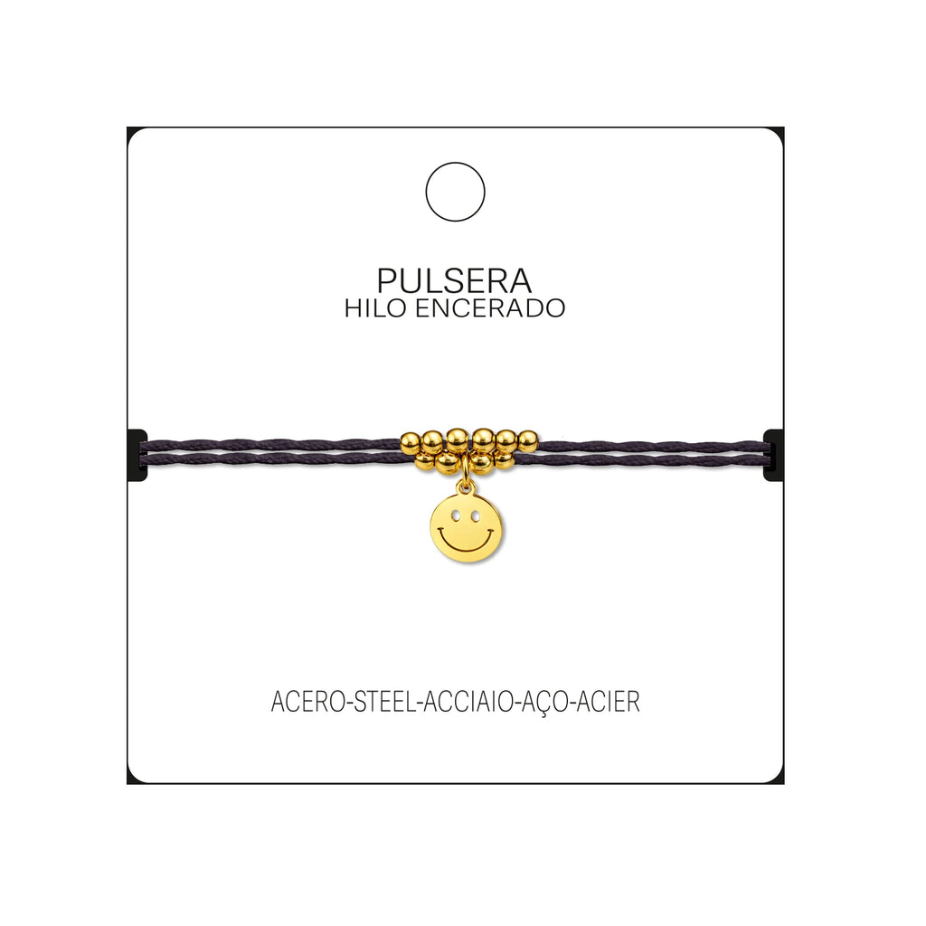 Pulsera Hilo Encerado Cara Sonriente Acero Dorado detalle