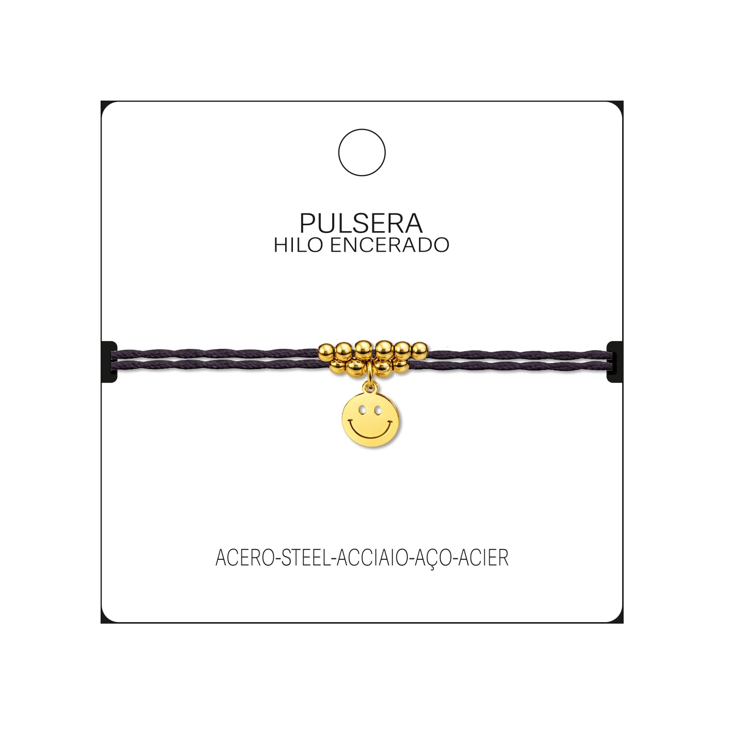 Pulsera Hilo Encerado Cara Sonriente Acero Dorado detalle