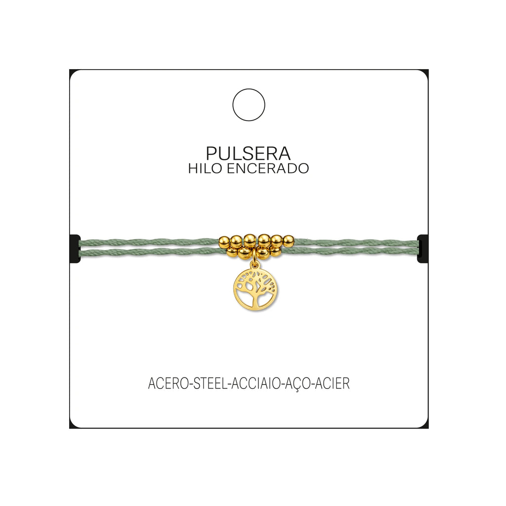 Pulsera Hilo Encerado con Colgante Arbol de Vida en Acero Dorado detalle