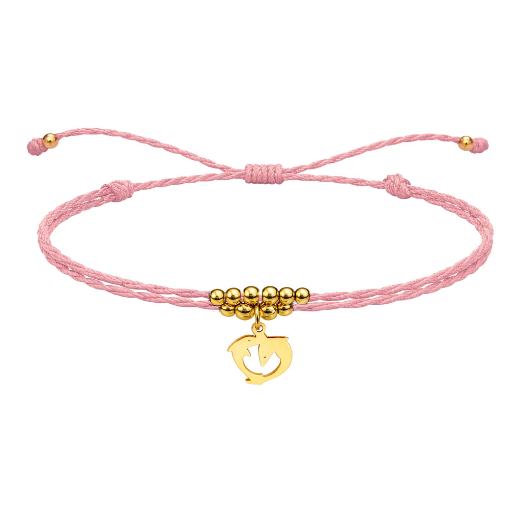 Pulsera Hilo Encerado con Colgante Delfin en Acero Dorado