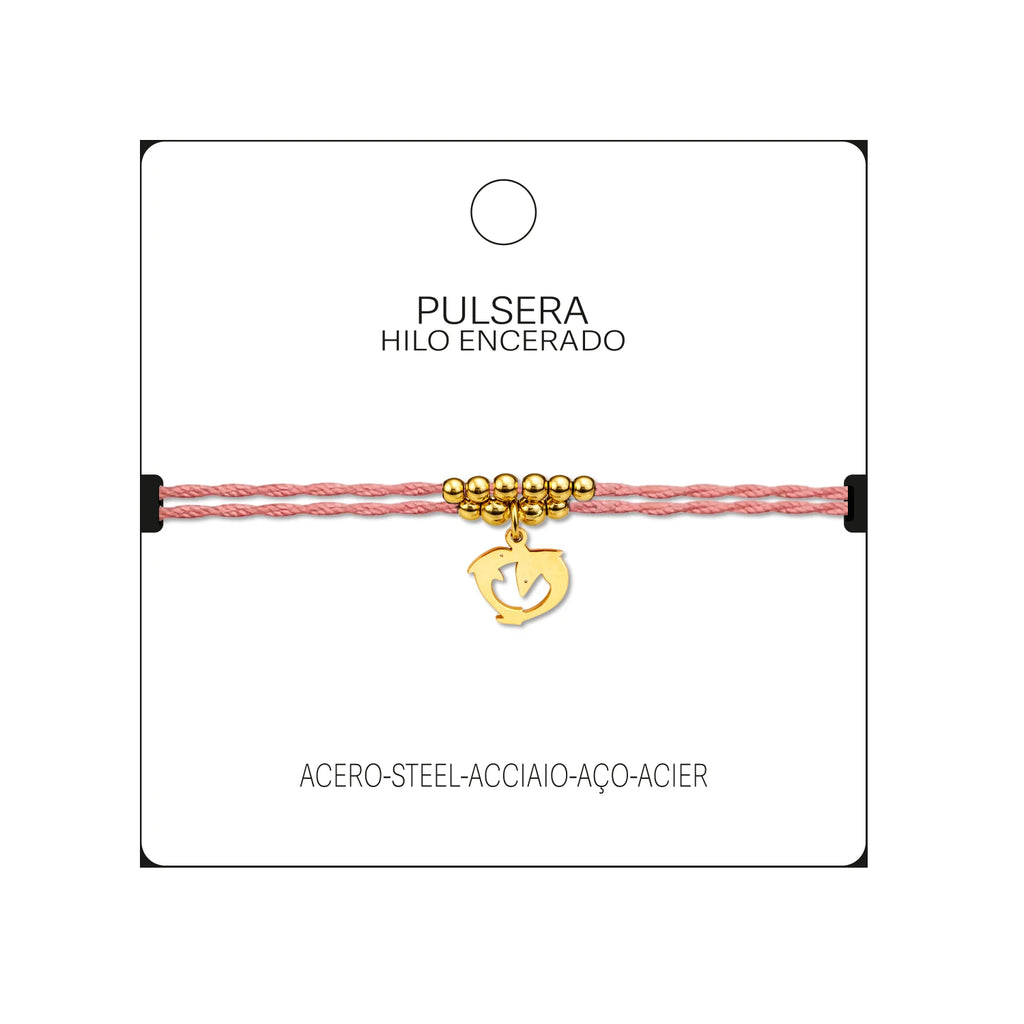 Pulsera Hilo Encerado con Colgante Delfin en Acero Dorado detalle