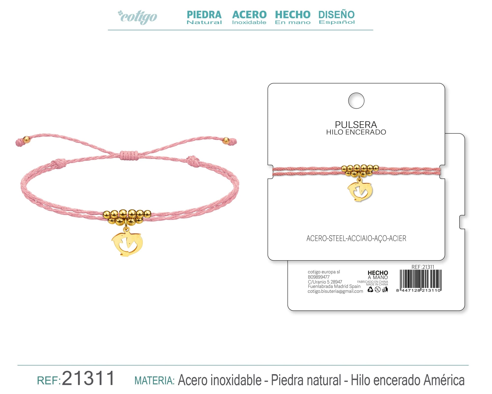 Pulsera Hilo Encerado con Colgante Delfin en Acero Dorado acabado