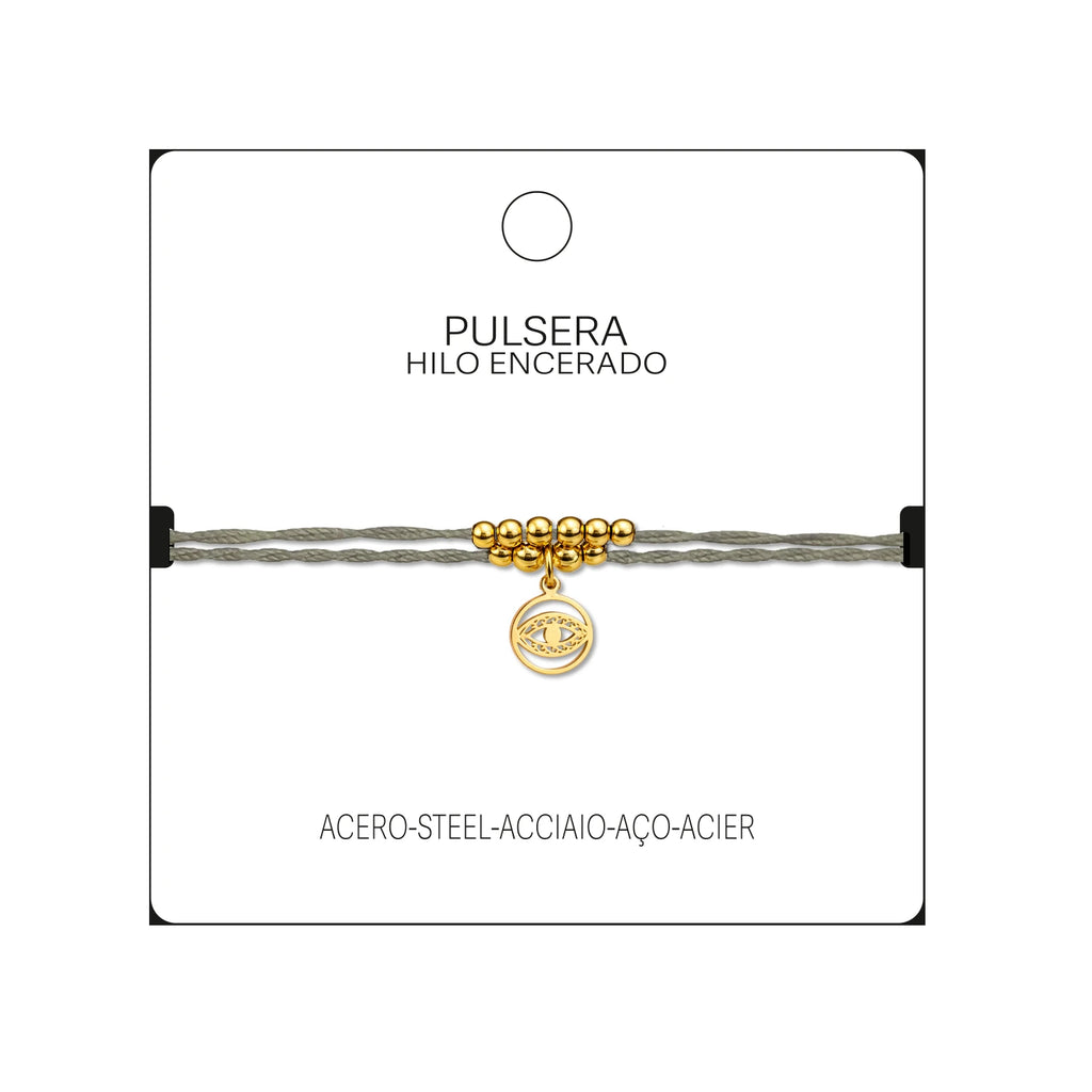 Pulsera Hilo Encerado con Colgante Ojo Turco en Acero Dorado detalle