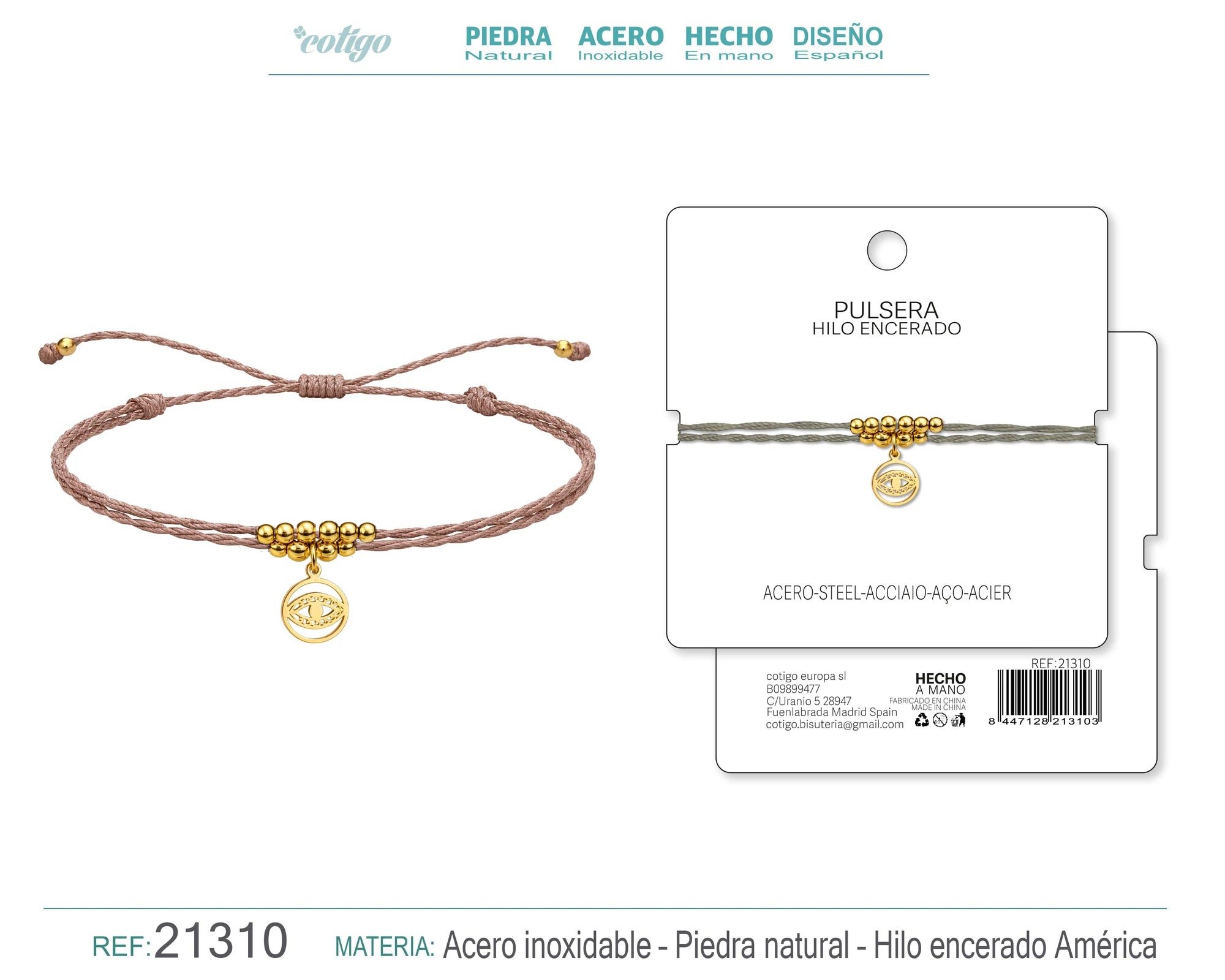 Pulsera Hilo Encerado con Colgante Ojo Turco en Acero Dorado acabado