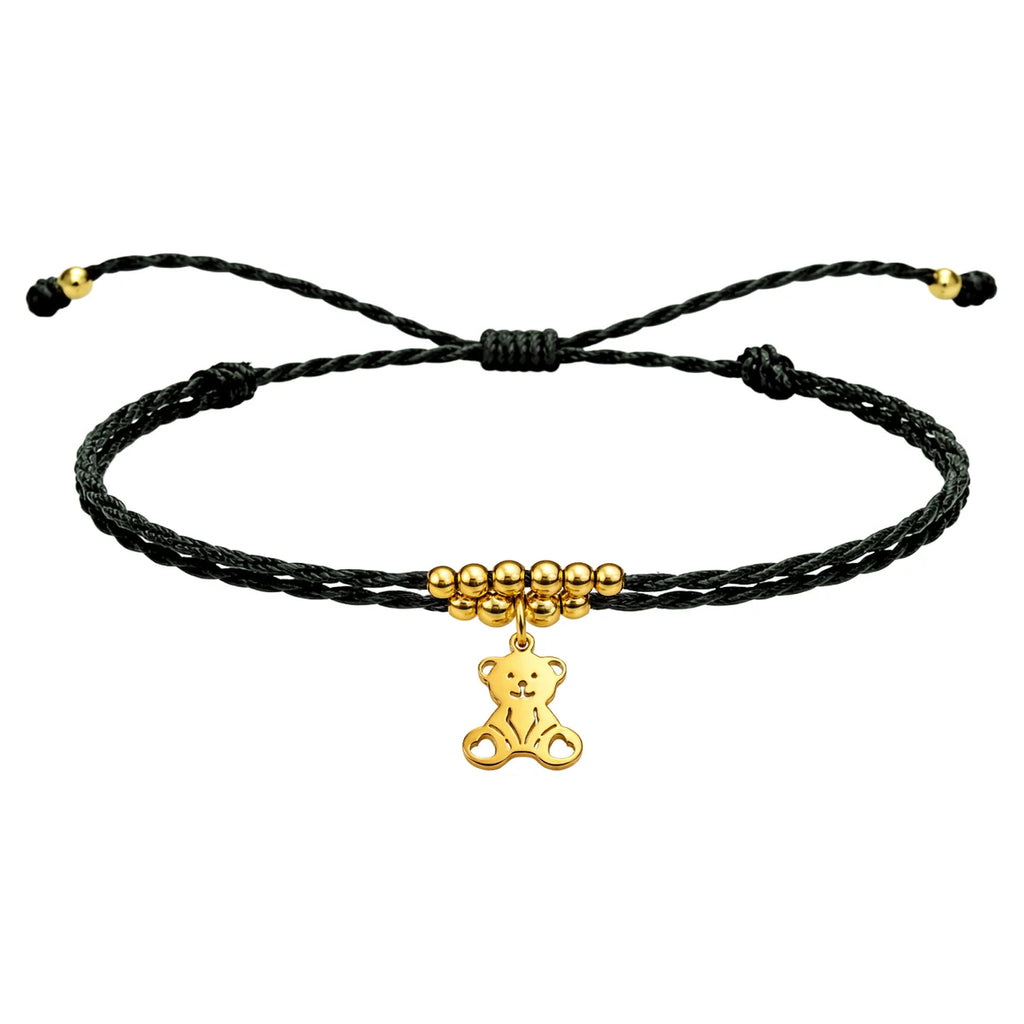 Pulsera Hilo Encerado con Colgante Oso en Acero Dorado