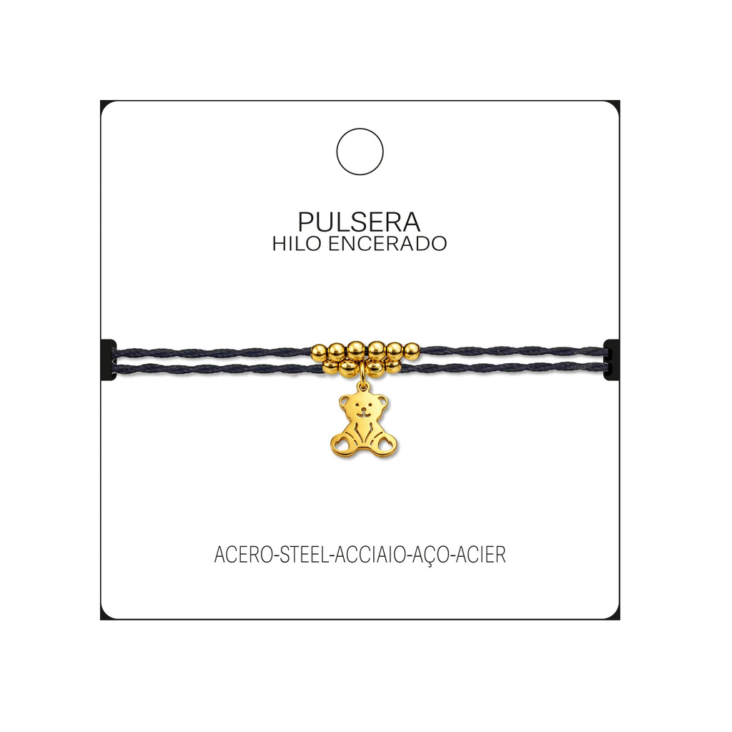 Pulsera Hilo Encerado con Colgante Oso en Acero Dorado detalle