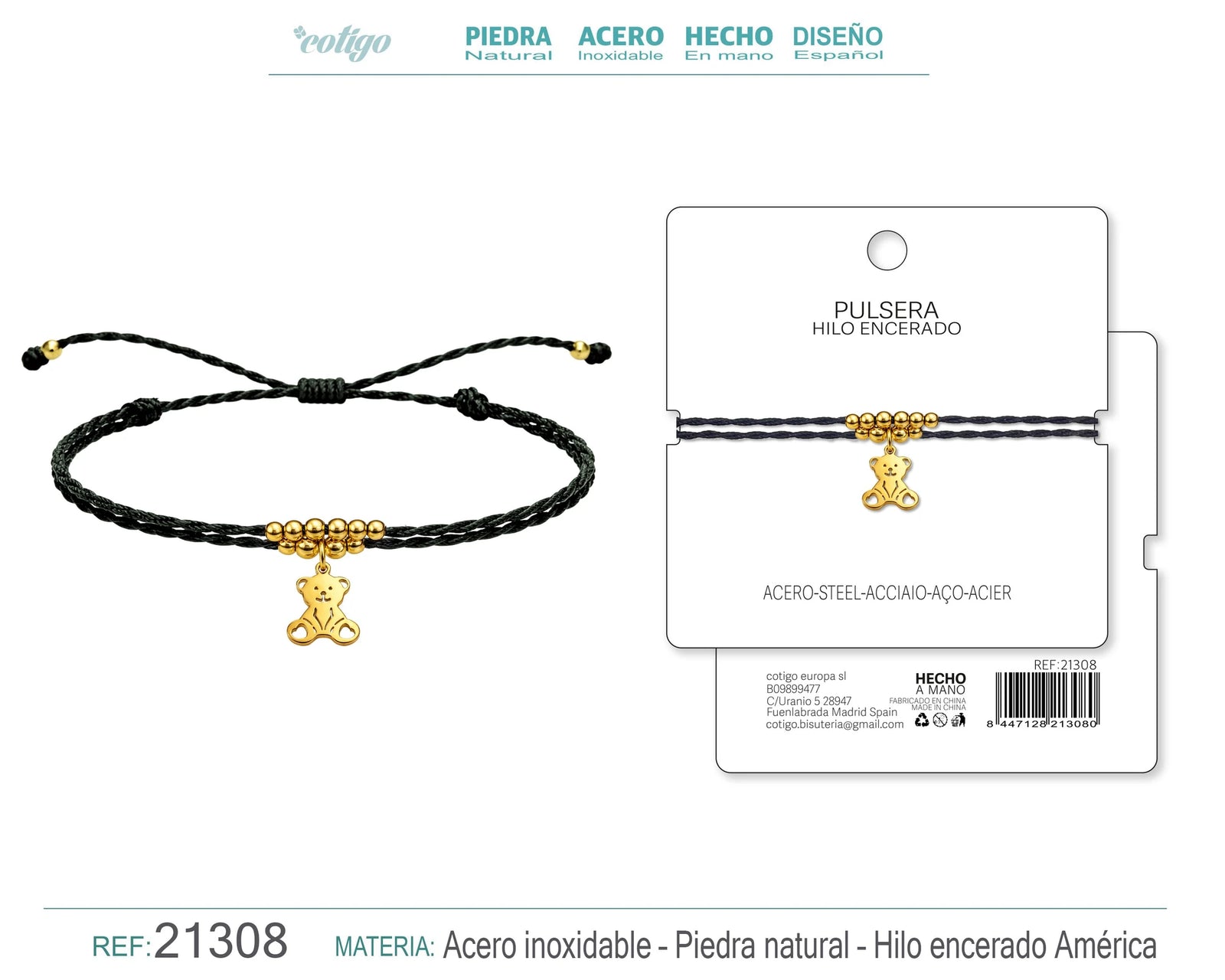 Pulsera Hilo Encerado con Colgante Oso en Acero Dorado acabado