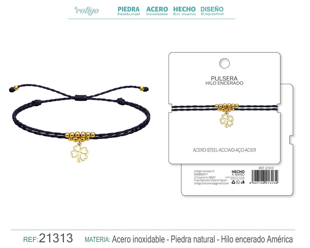 Pulsera Hilo Encerado con Colgante Trebol en Acero Dorado detalle