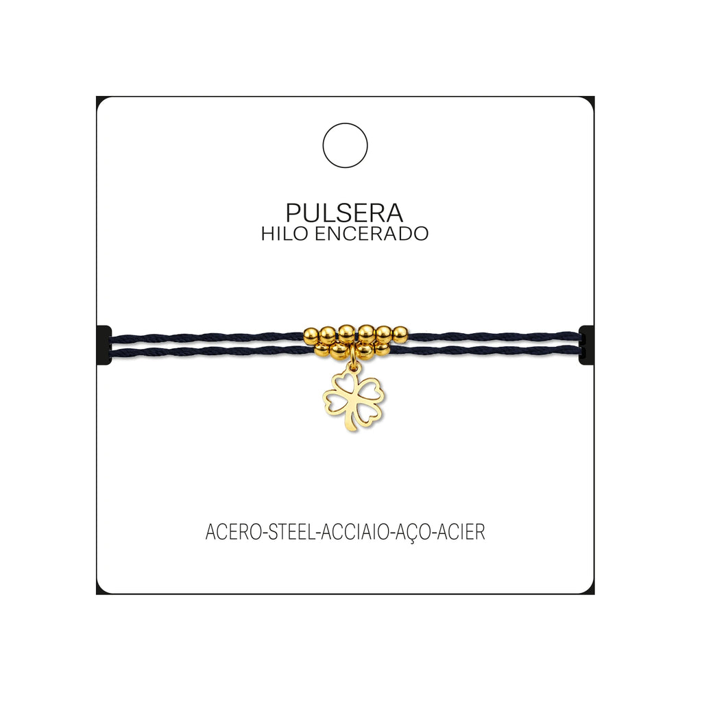 Pulsera Hilo Encerado con Colgante Trebol en Acero Dorado acabado