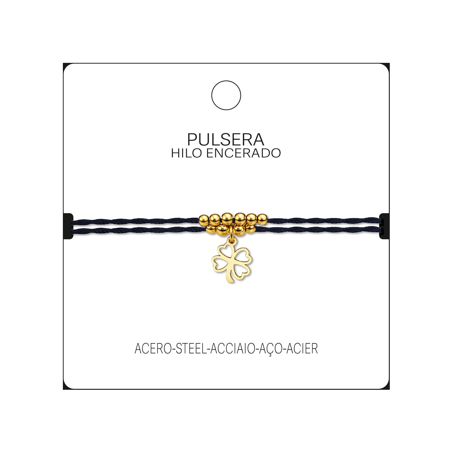 Pulsera Hilo Encerado con Colgante Trebol en Acero Dorado acabado