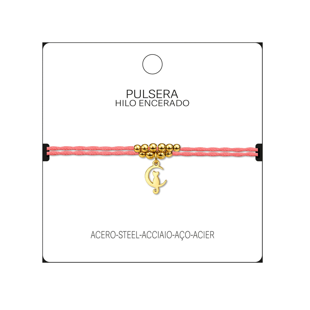 Pulsera Hilo Encerado Gato Acero Dorado detalle
