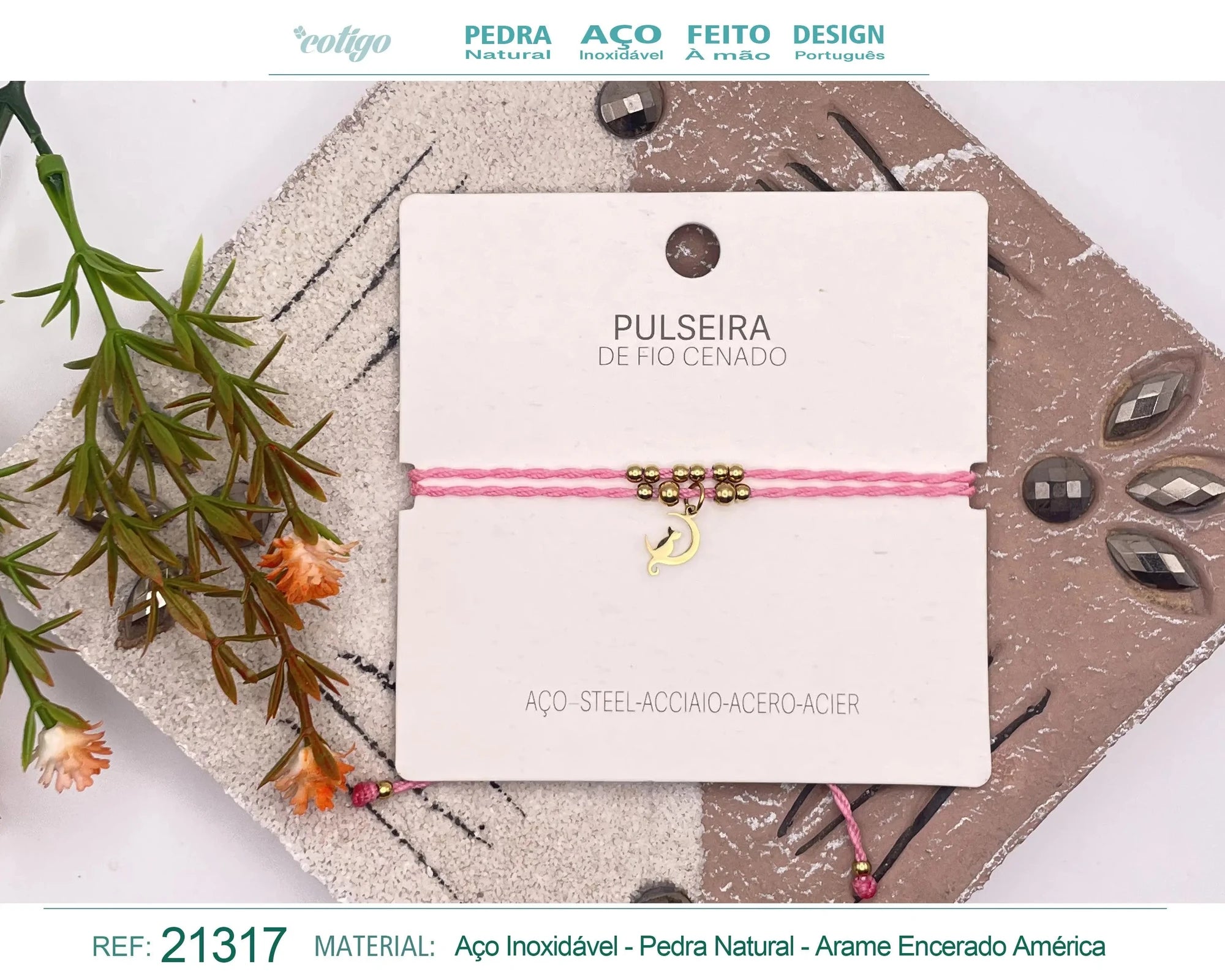 Pulsera Hilo Encerado Gato Acero Dorado acabado