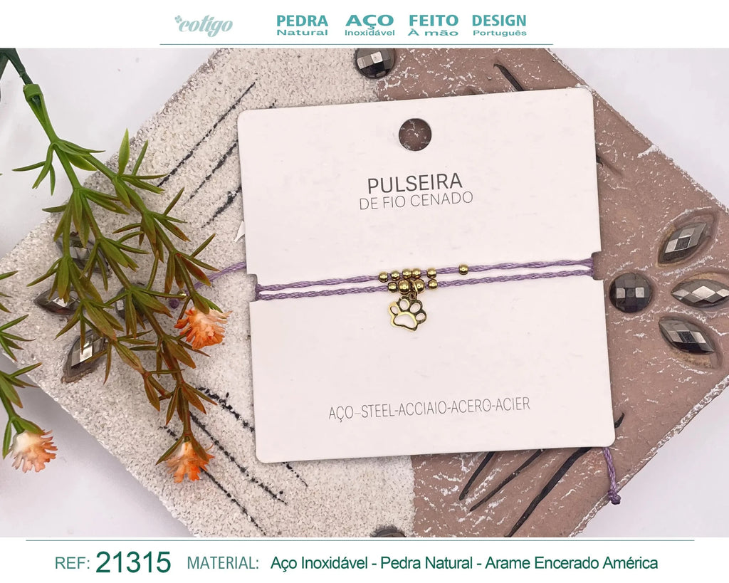 Pulsera Hilo Encerado Huella de Gato Acero Dorado acabado