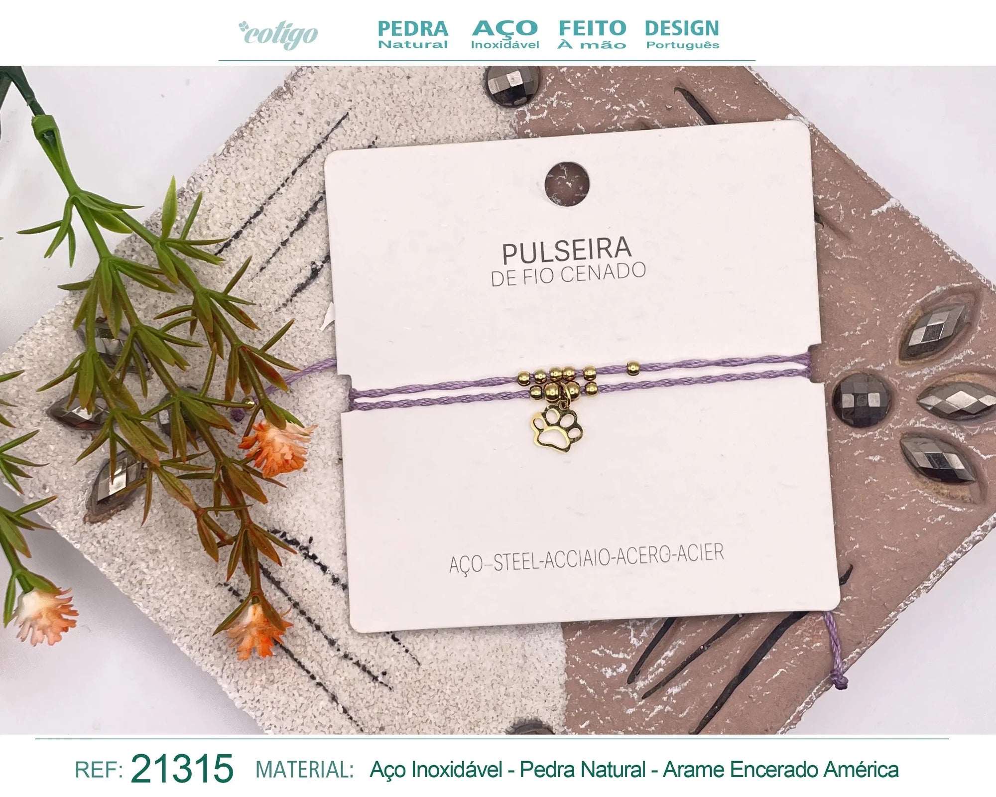Pulsera Hilo Encerado Huella de Gato Acero Dorado acabado