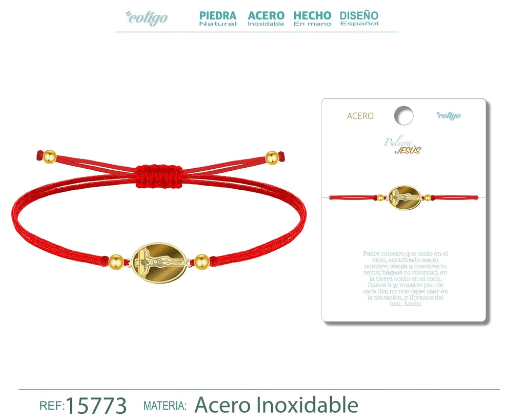 Pulsera Hilo Encerado Jesús Crucificado Dorado textura