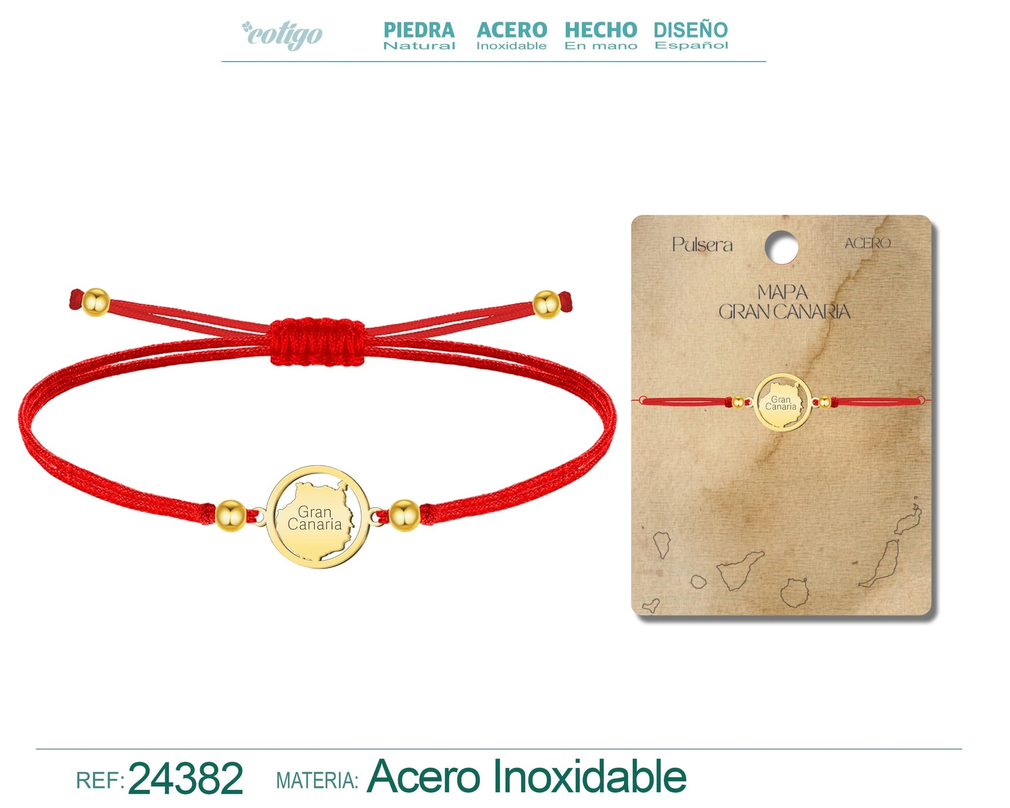 Pulsera Hilo Encerado Mapa de Gran Canaria Acero Dorado acabado