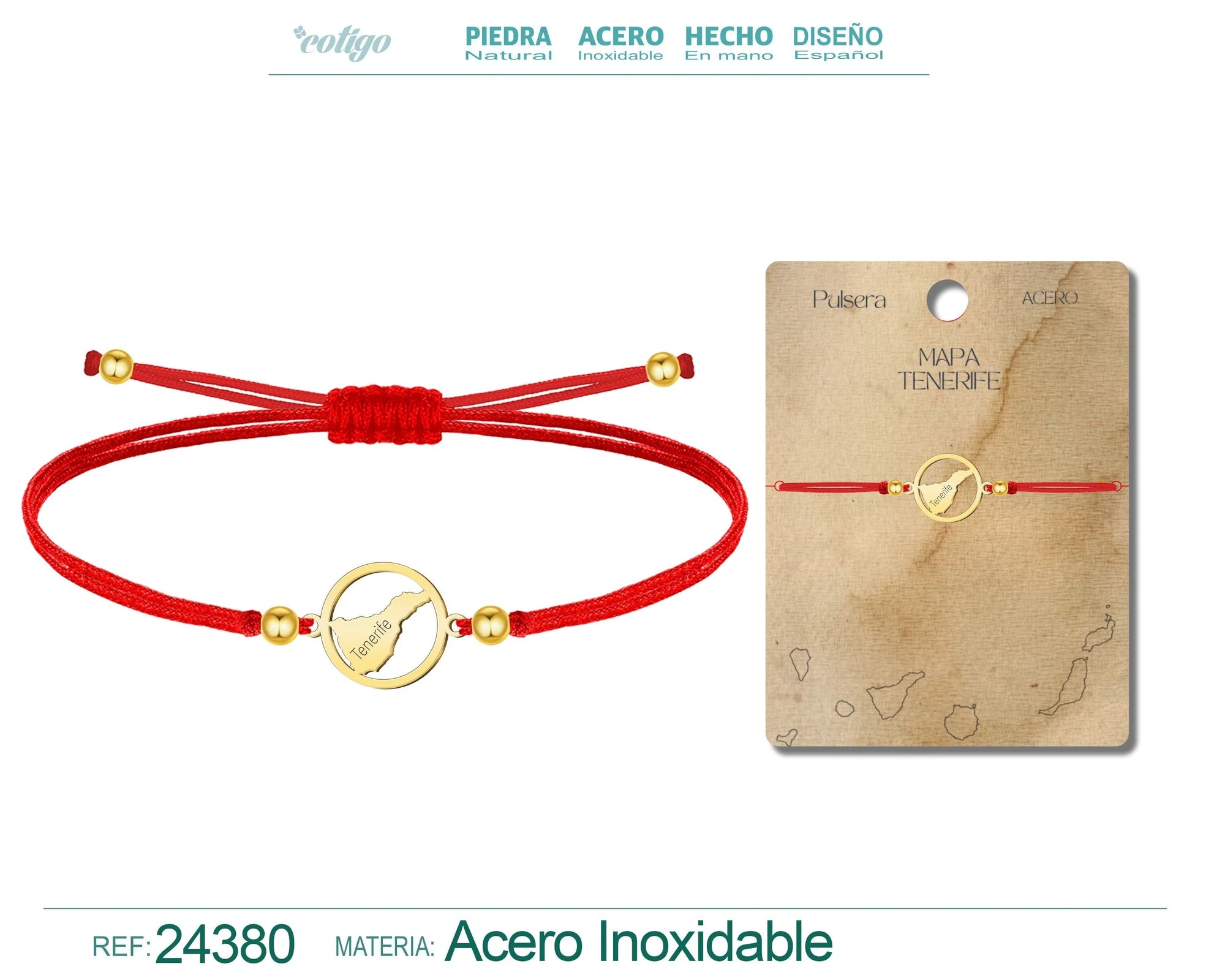 Pulsera Hilo Encerado Mapa de Tenerife Acero Dorado acabado