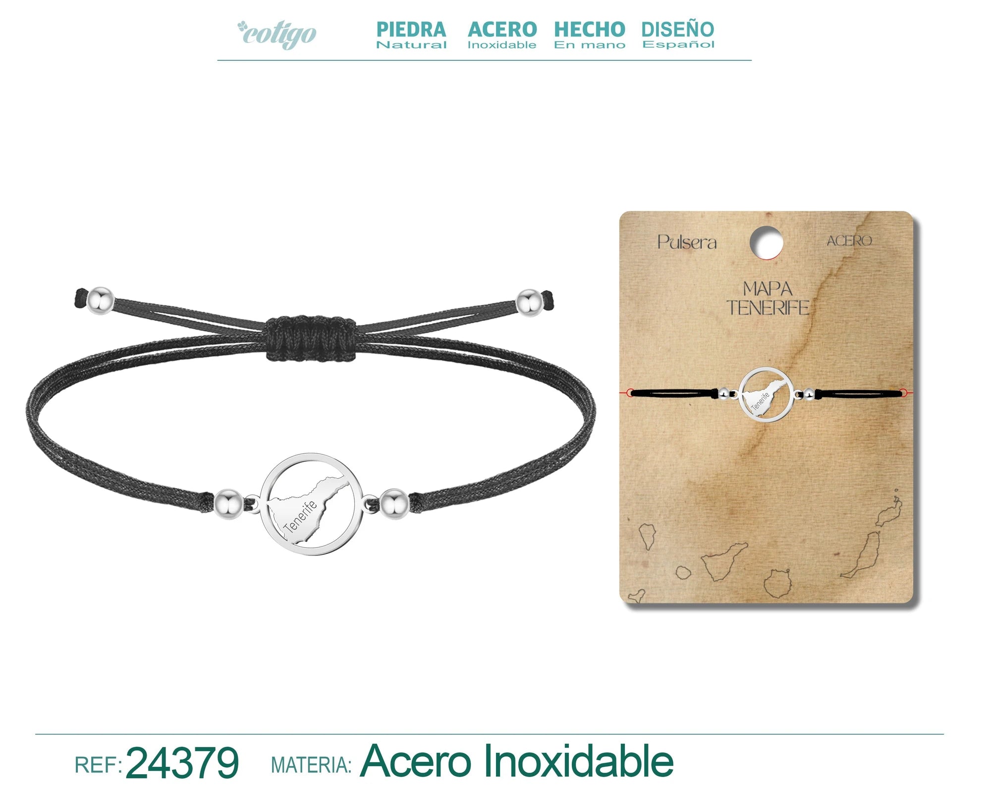 Pulsera Hilo Encerado Mapa de Tenerife Acero Plateado acabado