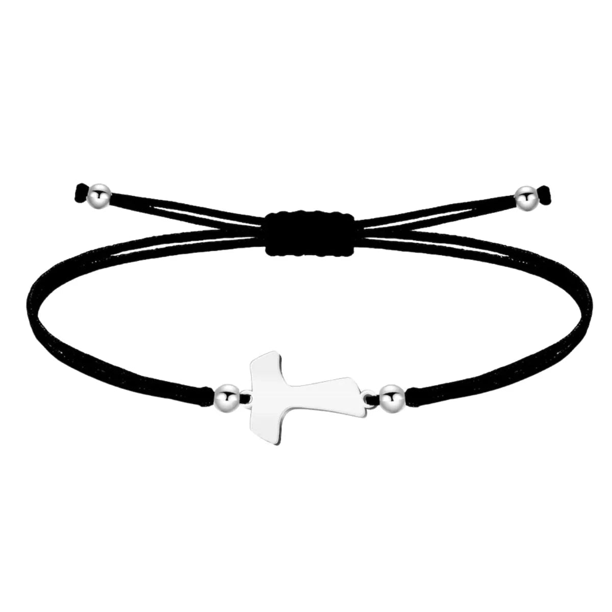 Pulsera de hilo encerado negro con cruz Tau central en tono plateado, esferas decorativas y cierre ajustable.