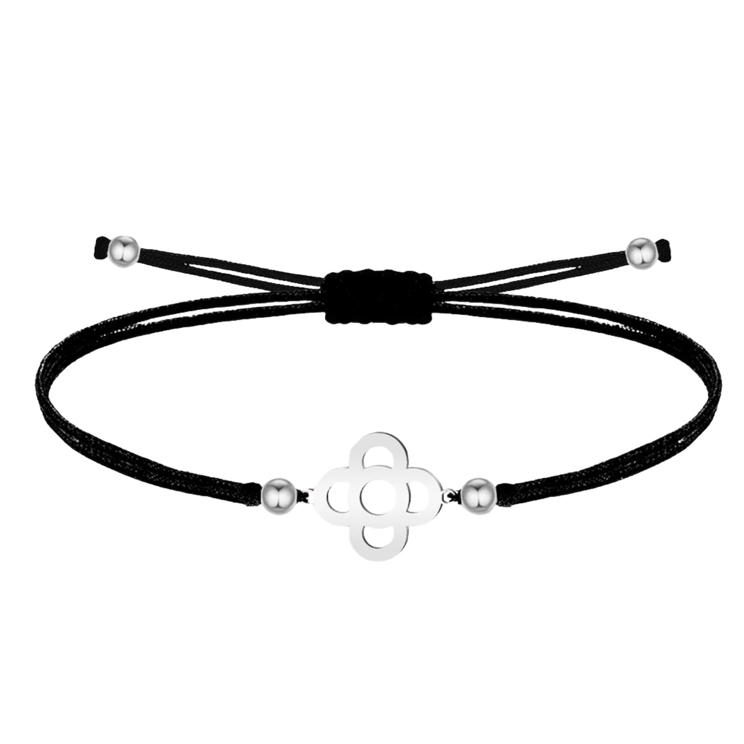 Pulsera Flor de Barcelona con hilo negro sobre fondo blanco