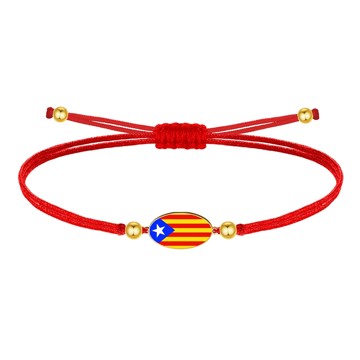 Pulsera de hilo rojo con bandera de Cataluña y detalle dorado