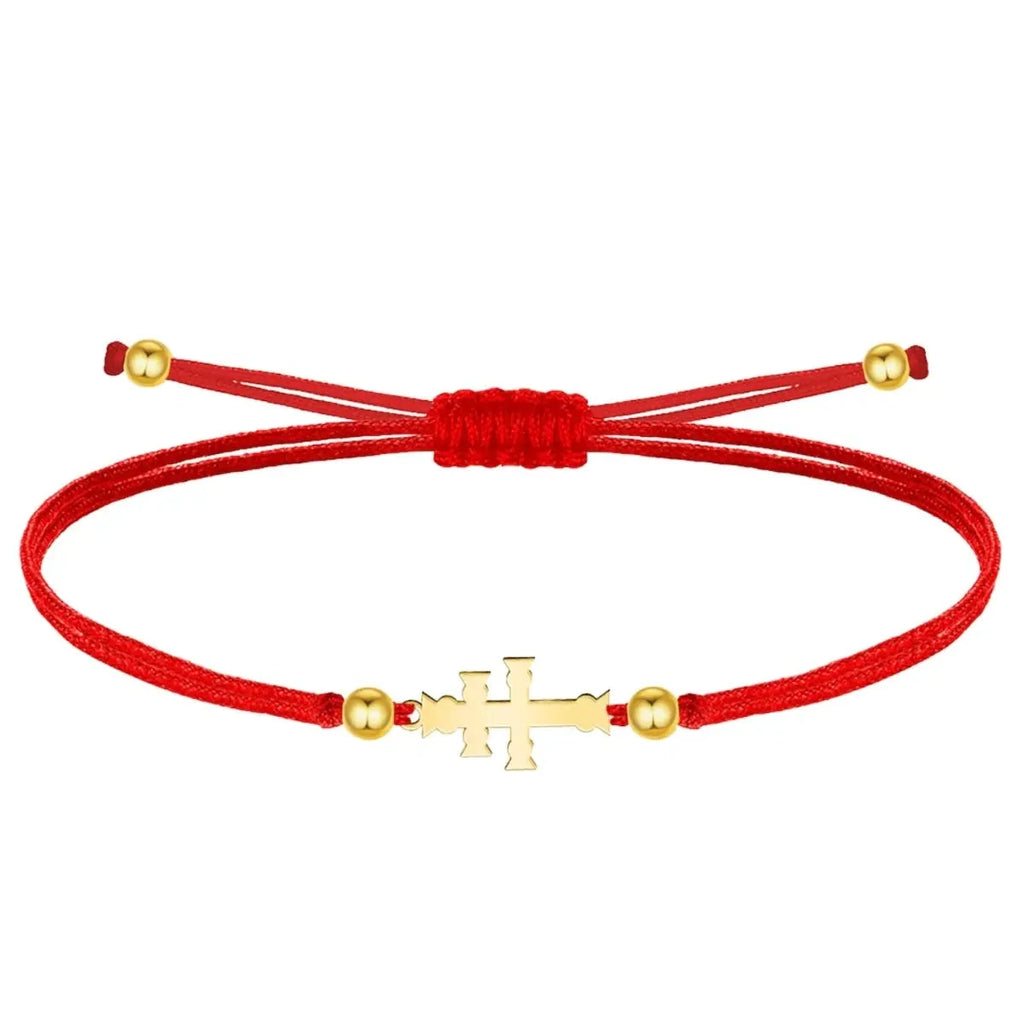 Pulsera Hilo Rojo Cruz de Caravaca en Acero Dorado