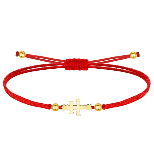 Pulsera Hilo Rojo Cruz de Caravaca en Acero Dorado