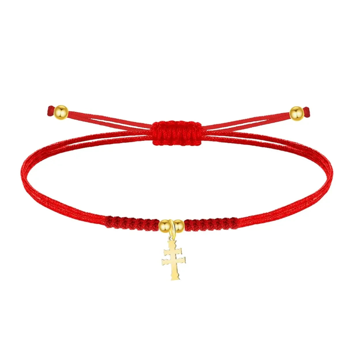 Pulsera Cruz de Caravaca hilo rojo acero dorado