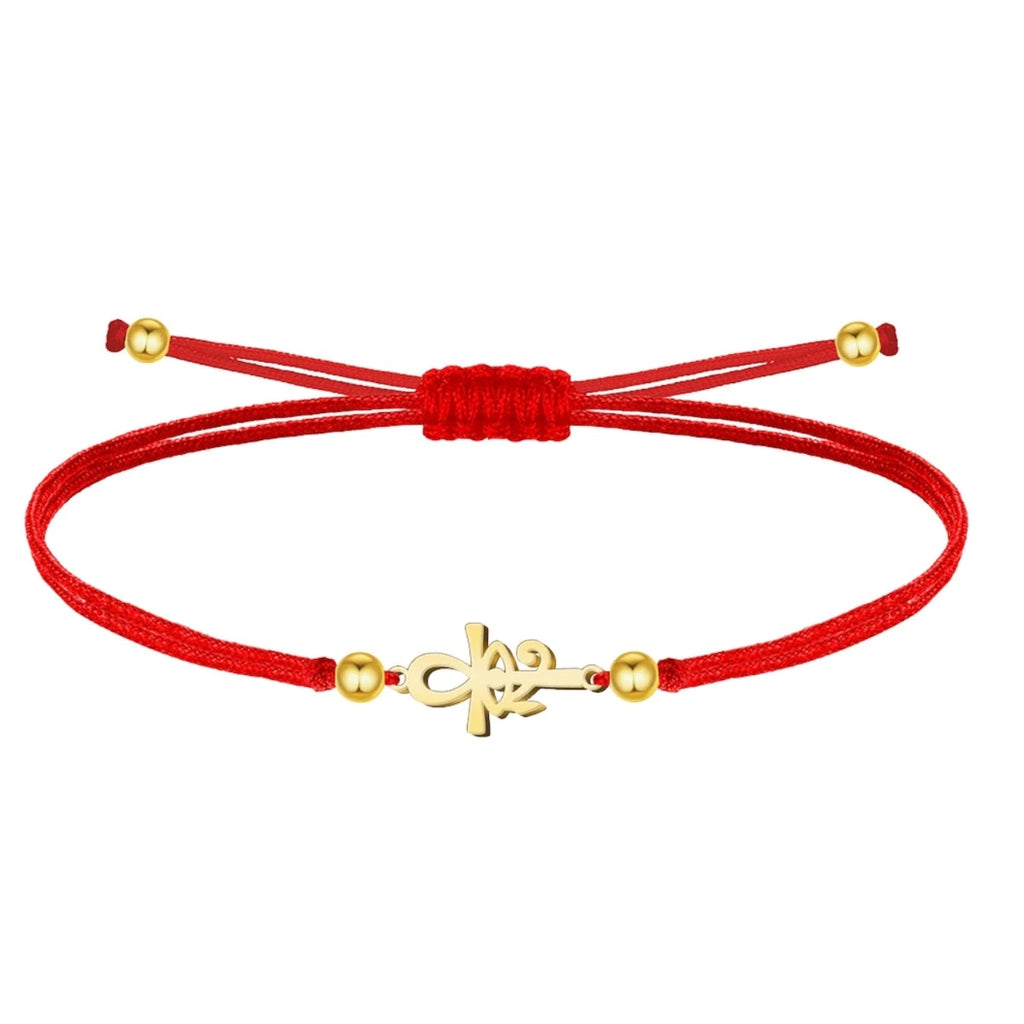 Pulsera de Hilo Rojo con Cruz Egipcia Ankh Y Ojo de Horus en Acero Dorado