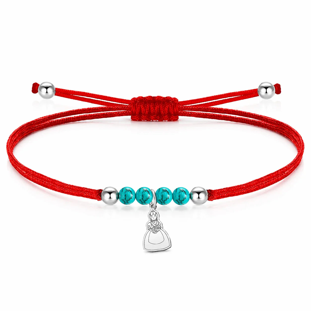 Pulsera de hilo rojo ajustable con colgante de fallera en tono plateado