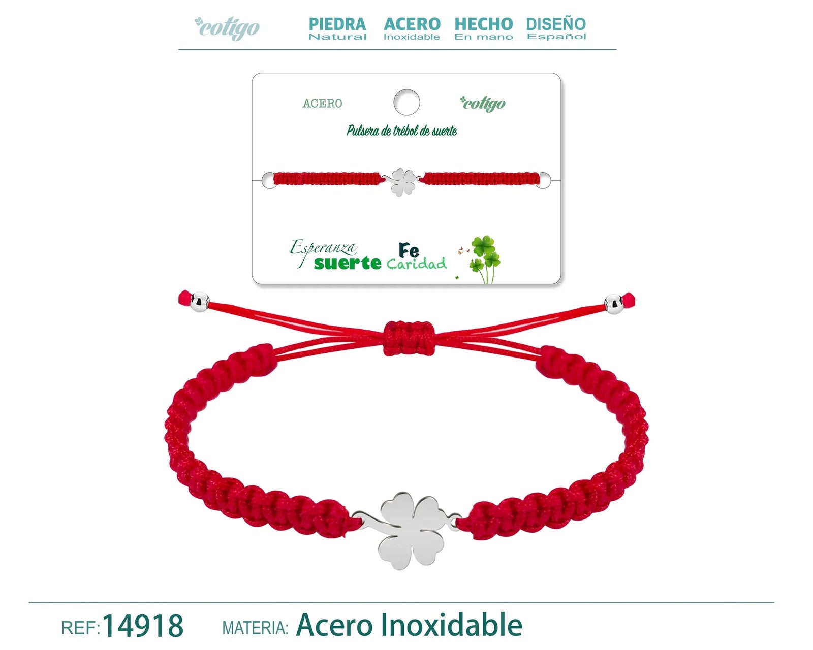 Pulsera Hilo Destino con Trébol en Acero Dorado