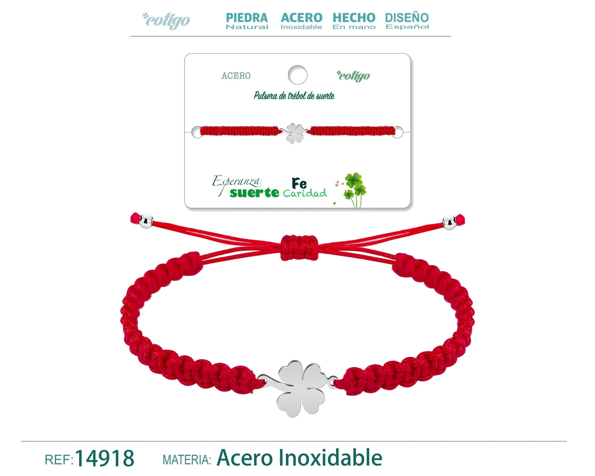 Pulsera Hilo Destino con Trébol en Acero Dorado
