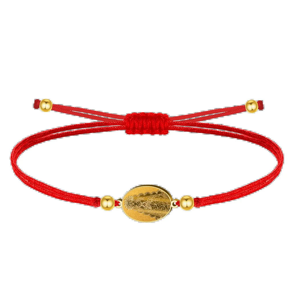Pulsera Medalla de Virgen del Rocío con Hilo Rojo en Acero Dorado - Dorado