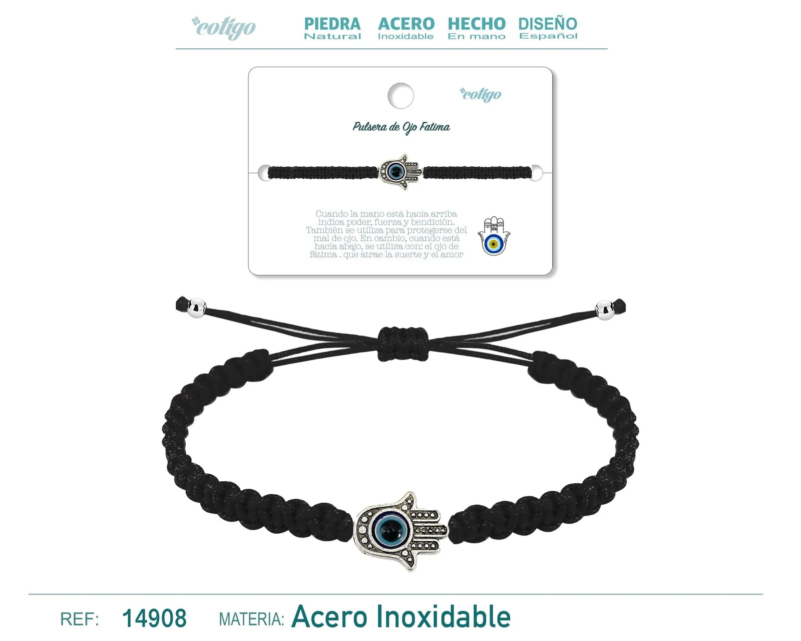 Pulsera Hilo Trenzado Negro Mano de Fátima Ojo Turco