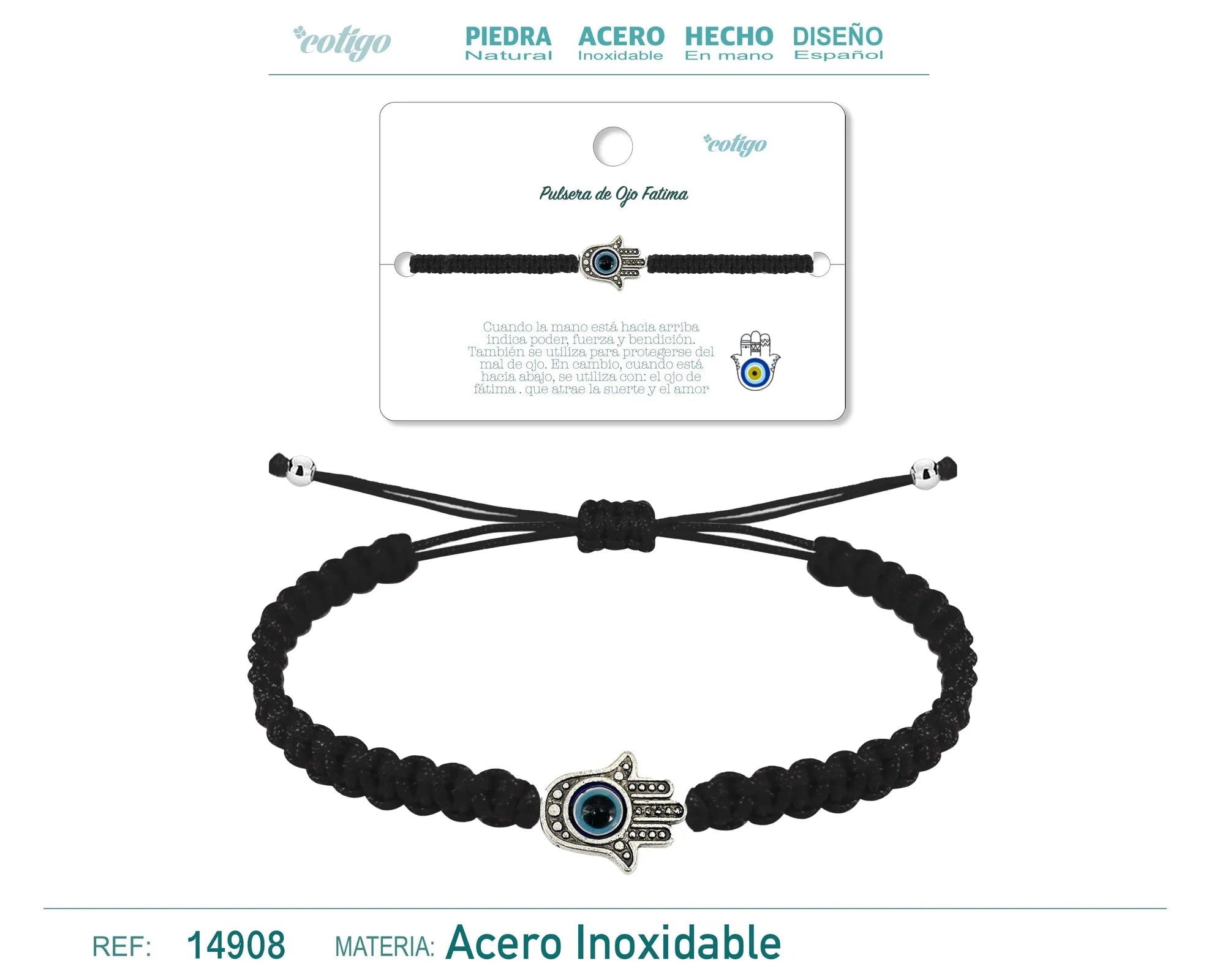 Pulsera Hilo Trenzado Negro Mano de Fátima Ojo Turco