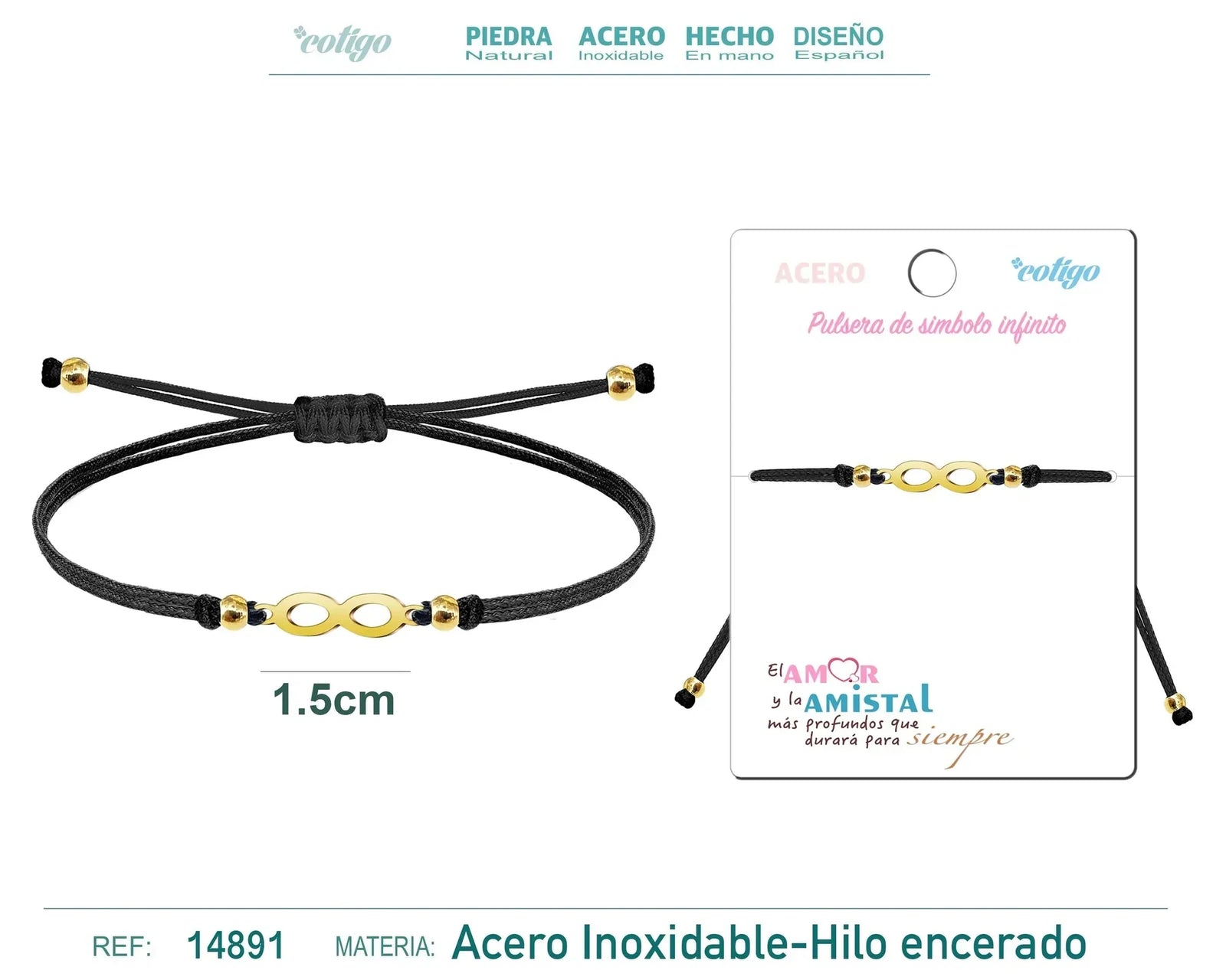 Pulsera Infinito Hilo Negro Acero Dorado