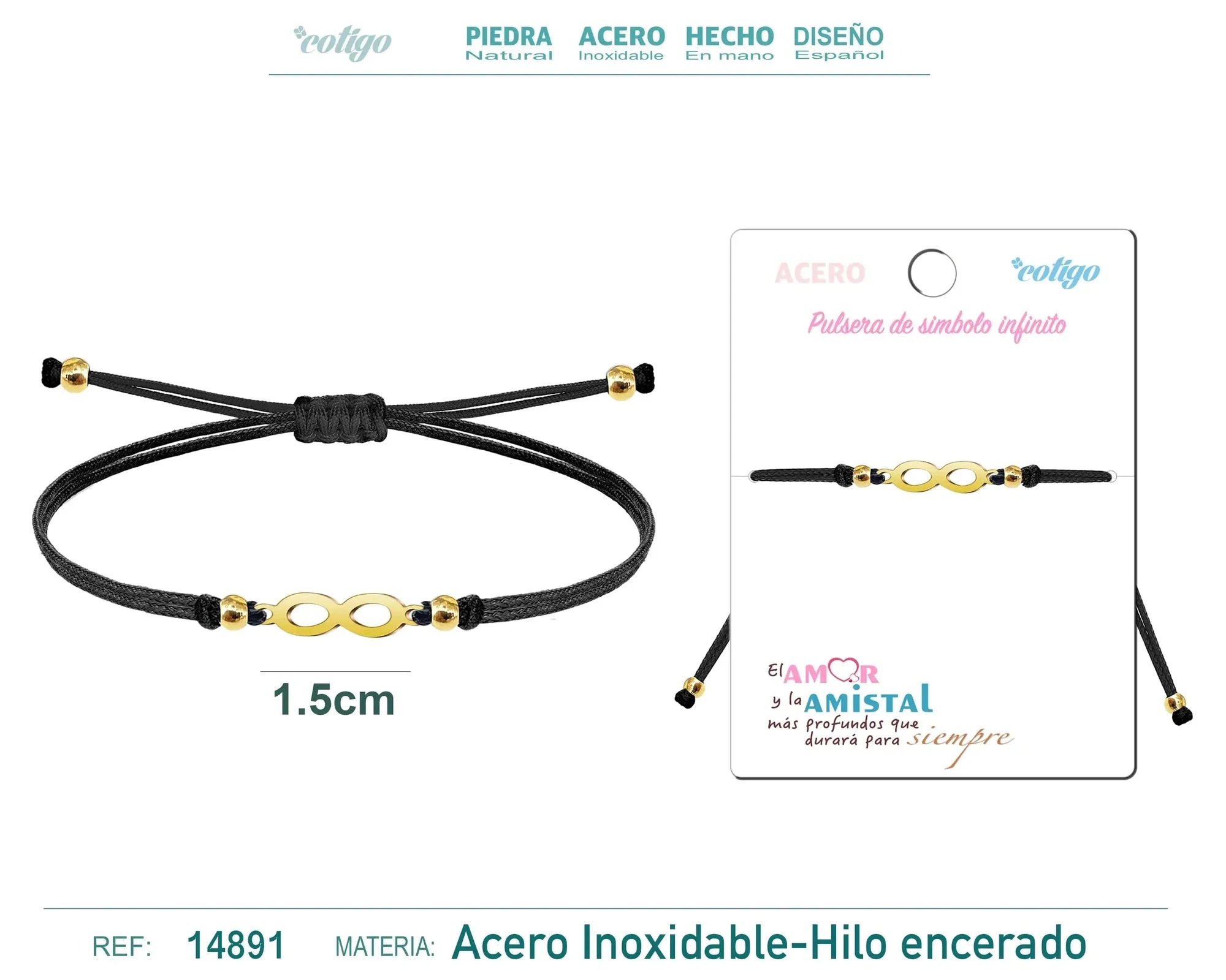 Pulsera Infinito Hilo Negro Acero Dorado