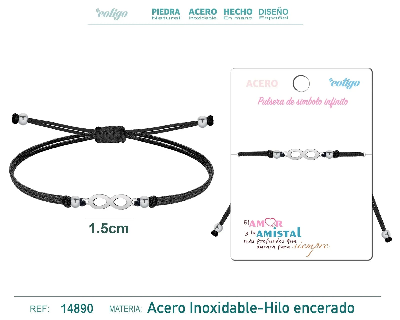 Pulsera Infinito Hilo Negro Acero Plateado