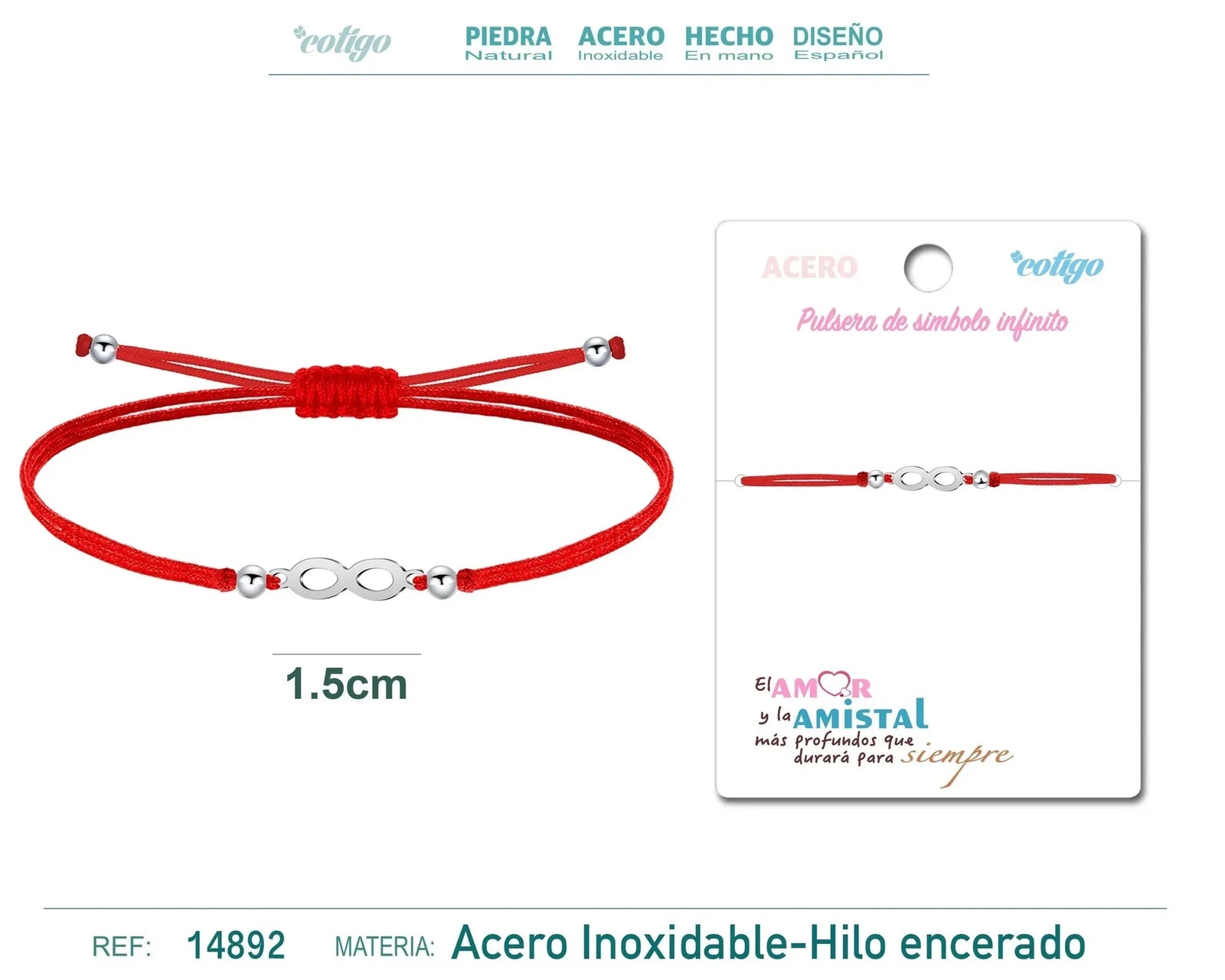 Pulsera Infinito Hilo Rojo Acero Plateado