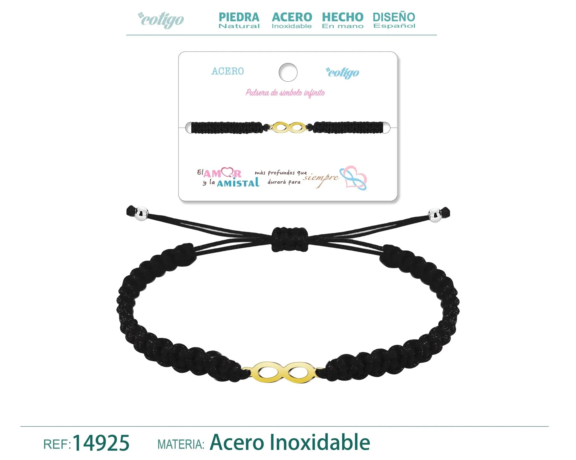 Pulsera Infinito Hilo Trenzado Negro Acero Dorado