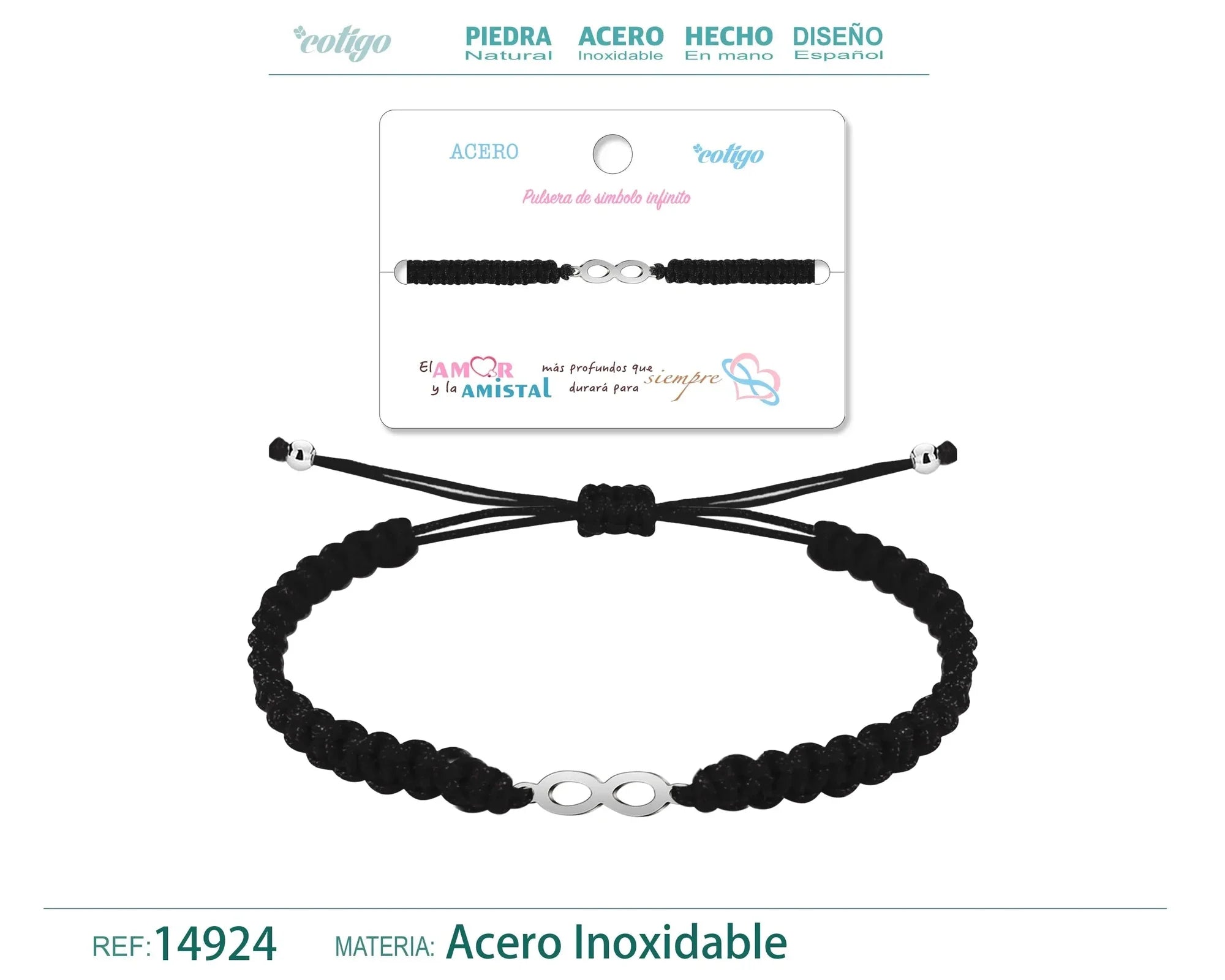 Pulsera Infinito Hilo Trenzado Negro Acero Plateado