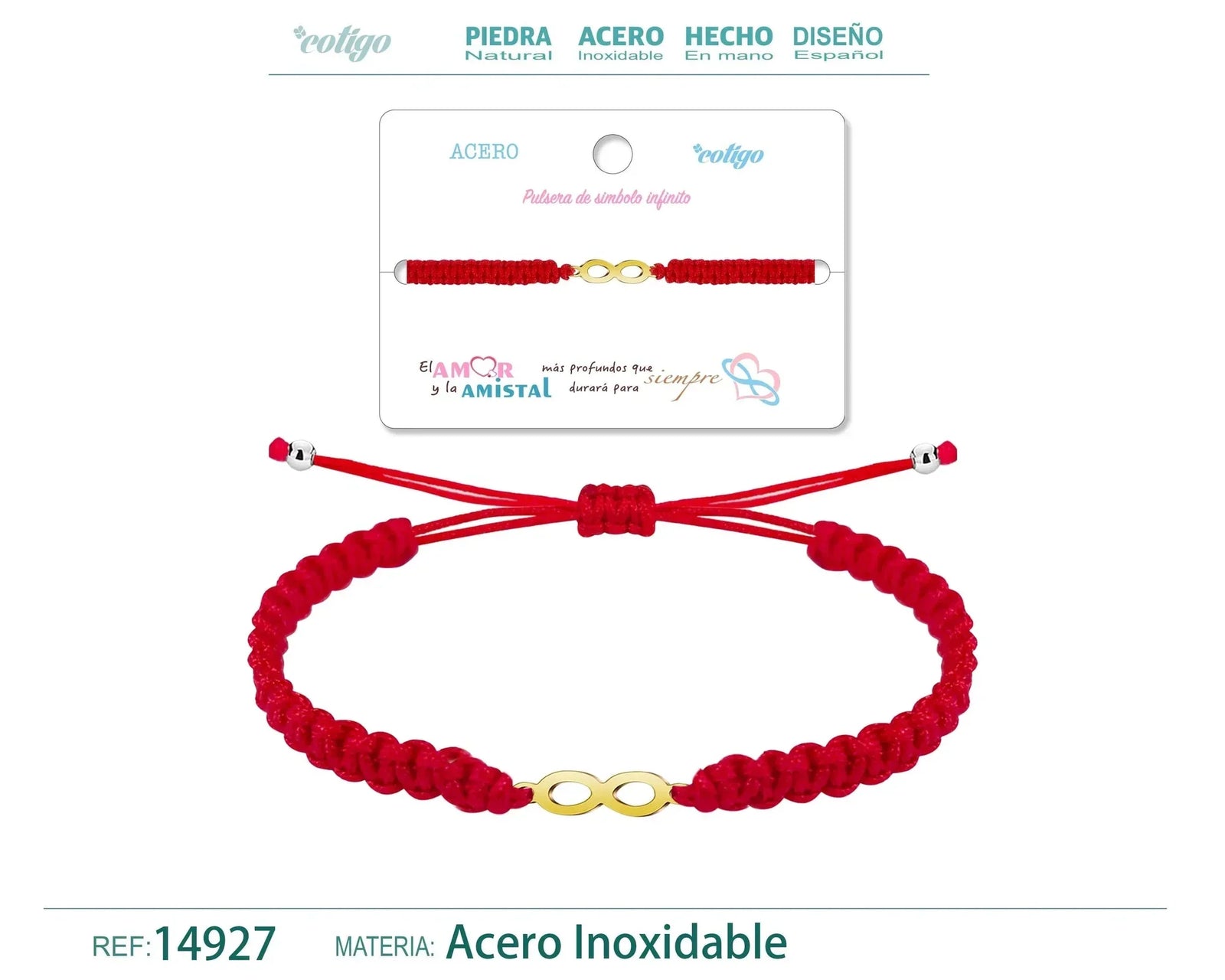 Pulsera Infinito Hilo Trenzado Rojo Acero Dorado