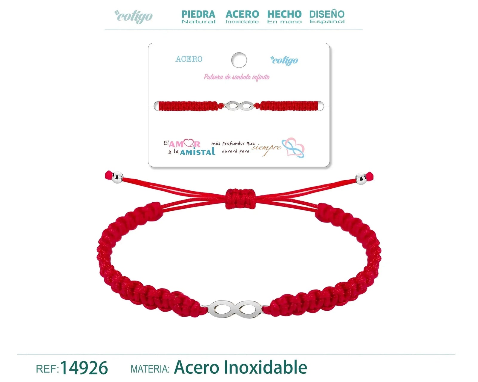 Pulsera Infinito Hilo Trenzado Rojo Acero Plateado