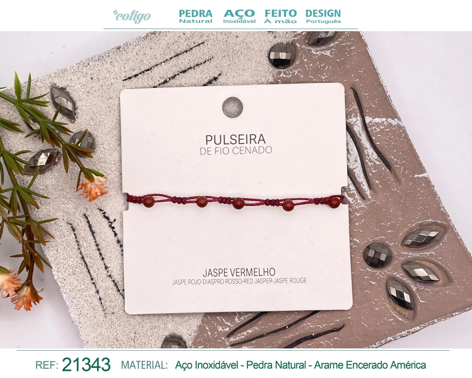 Pulsera de Jaspe Rojo con Bolitas Minerales acabado