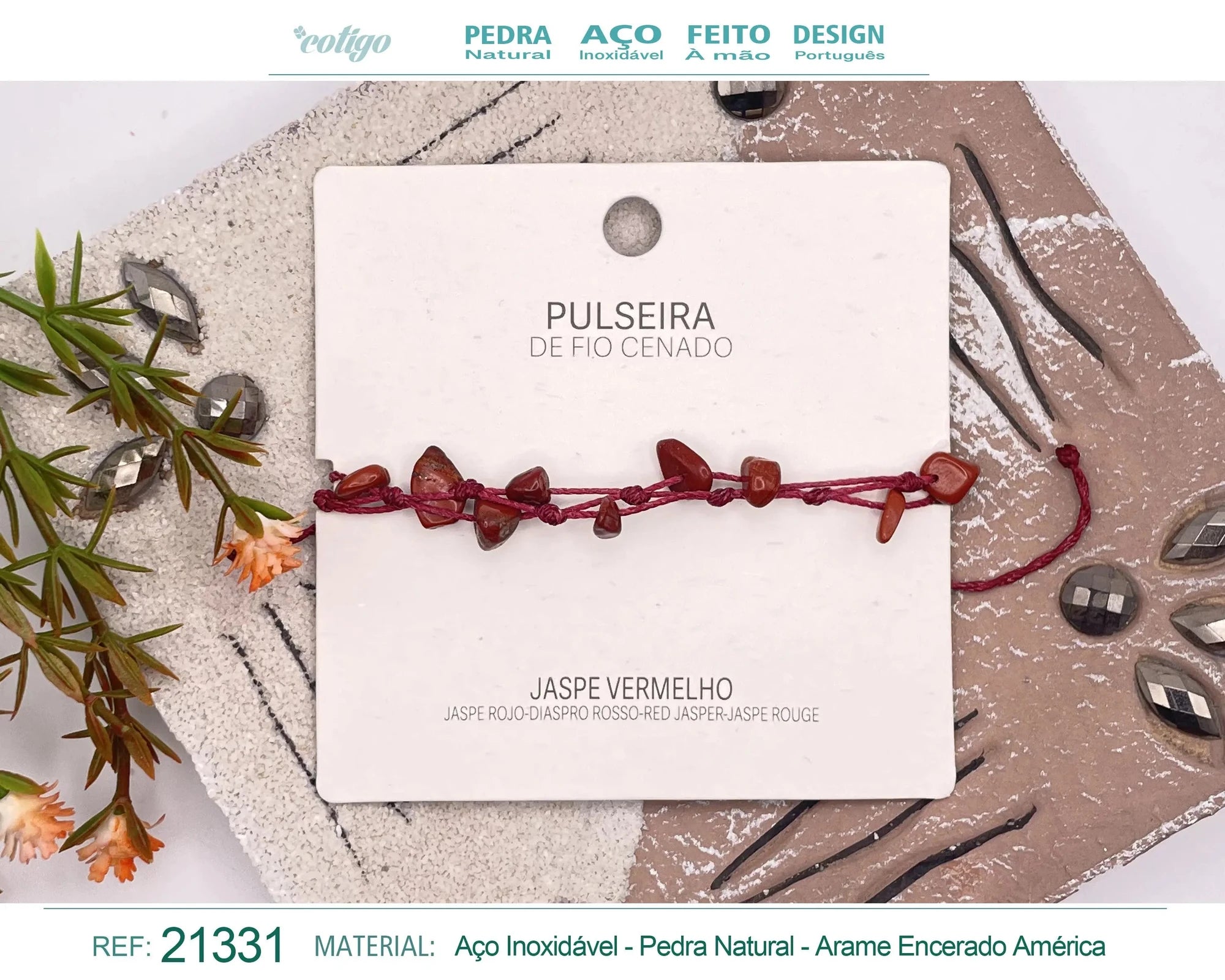 Pulsera de Jaspe Rojo con Hilo Encerado Irregular acabado