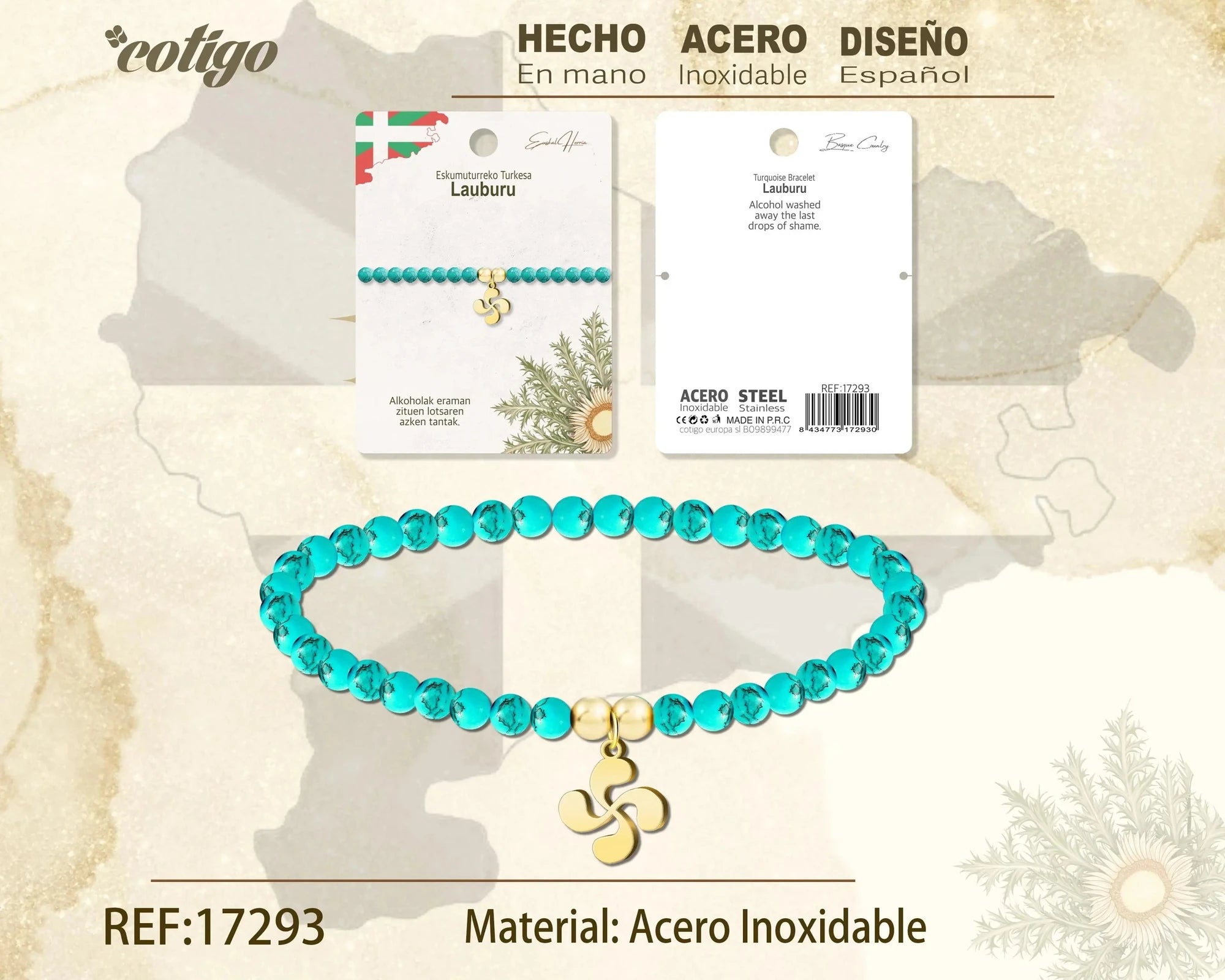 Pulsera Lauburu Turquesa Dorado diseño