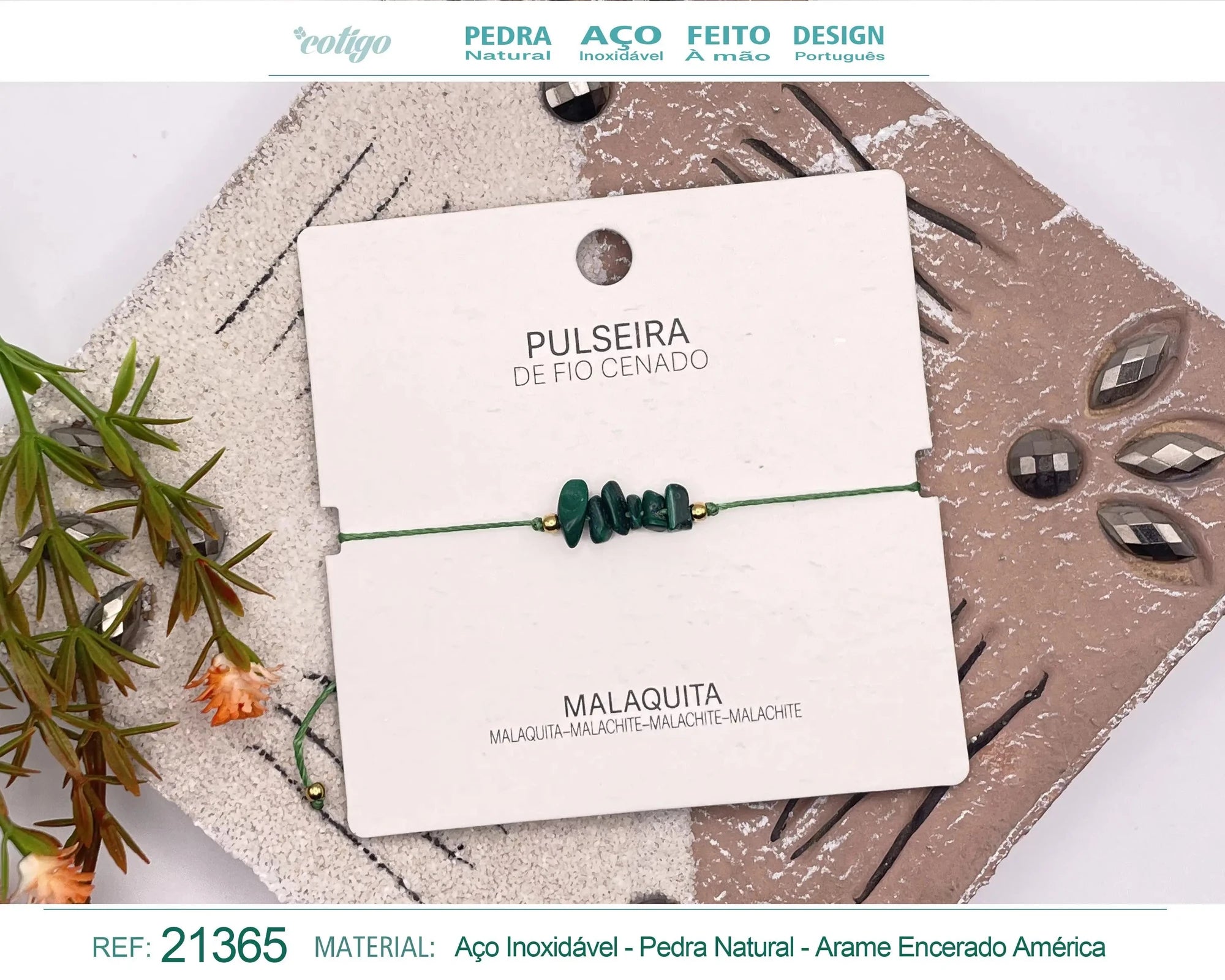 Pulsera de Malaquita en Bruto con Hilo Encerado acabado