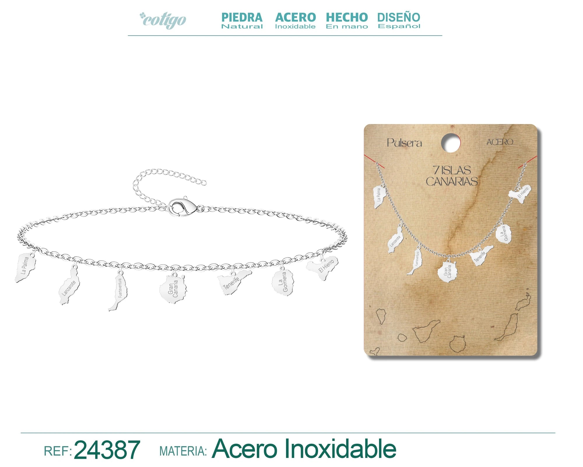 Pulsera Mapa de 7 Islas Canarias con Nombres Acero Plateado acabado