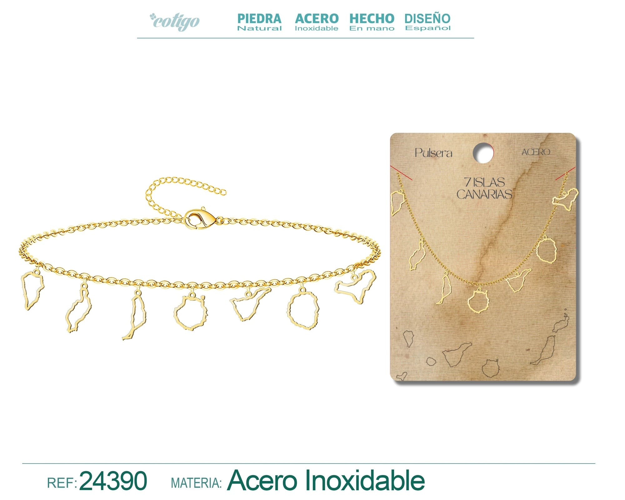 Pulsera Mapa de 7 Islas Canarias Silueta Acero Dorado acabado